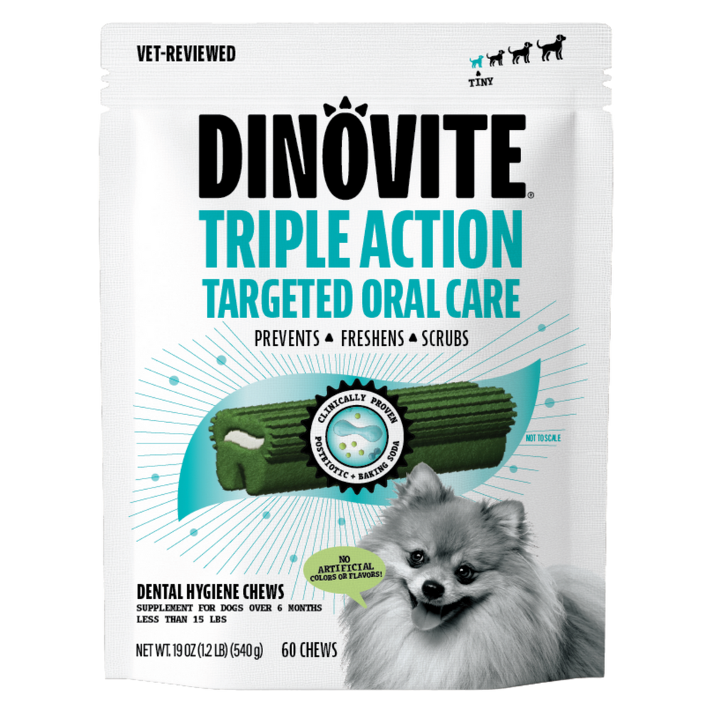 Dinovite Triple Action Dental Chews for Dogs front of bag. 