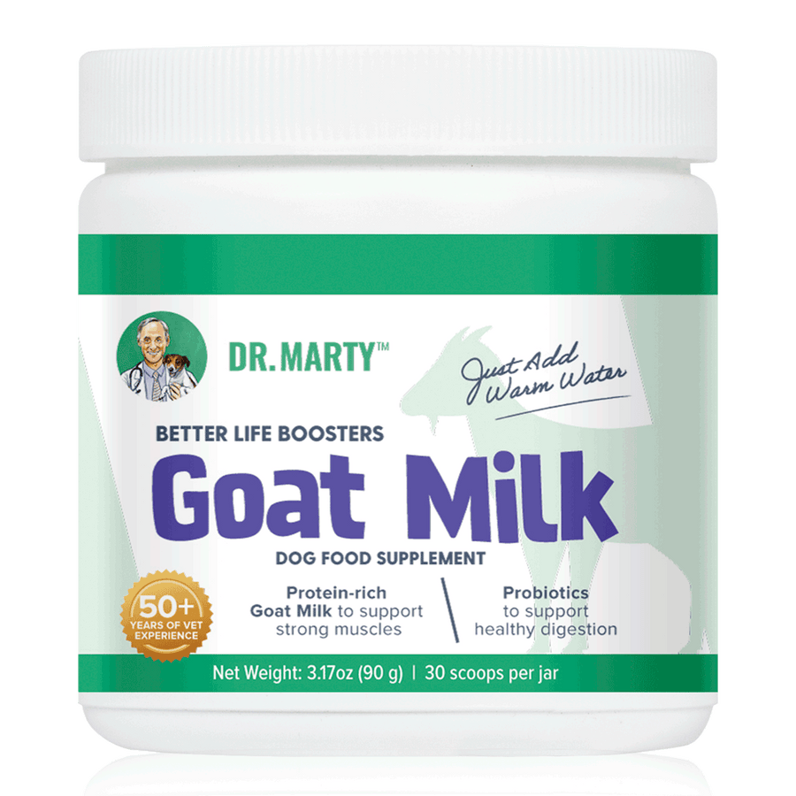 Front Bottle of Dr. Marty Better Life Boosters Goal Milk Dog Food Supplement 3.17 oz