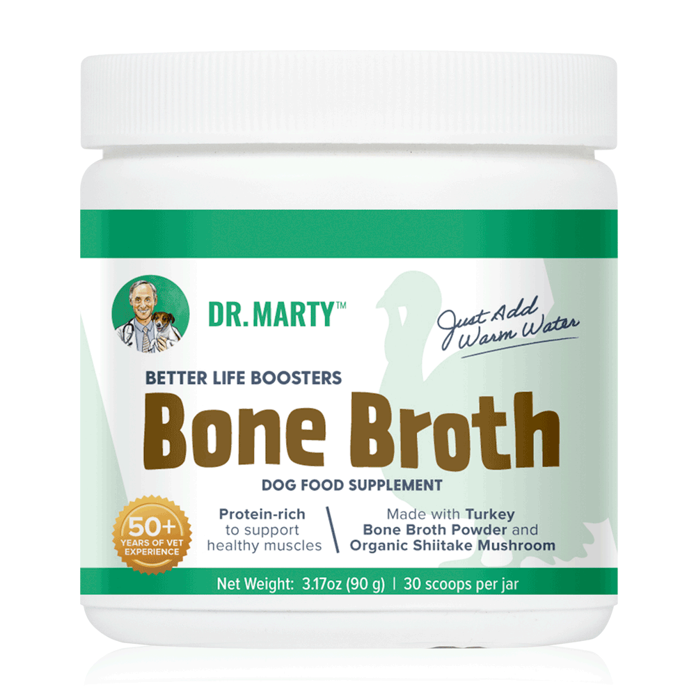 Front Bottle of Dr. Marty Better Life Boosters Turkey Bone Broth Dog Food Supplement 3.17 oz