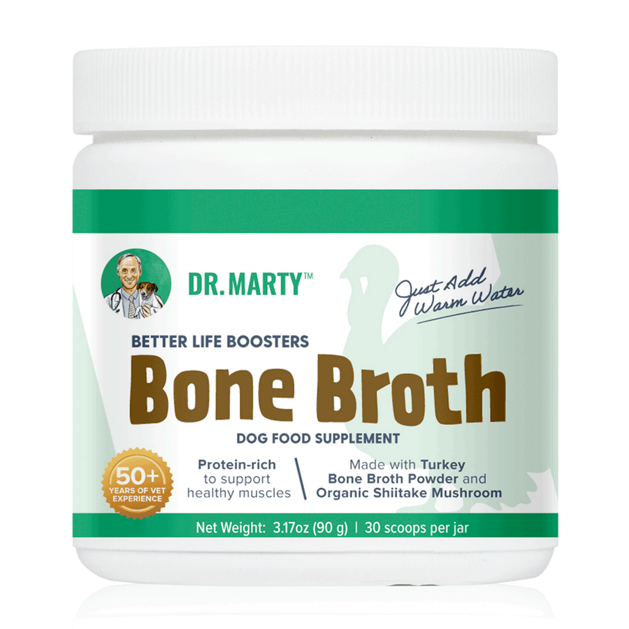 Front Bottle of Dr. Marty Better Life Boosters Turkey Bone Broth Dog Food Supplement 3.17 oz