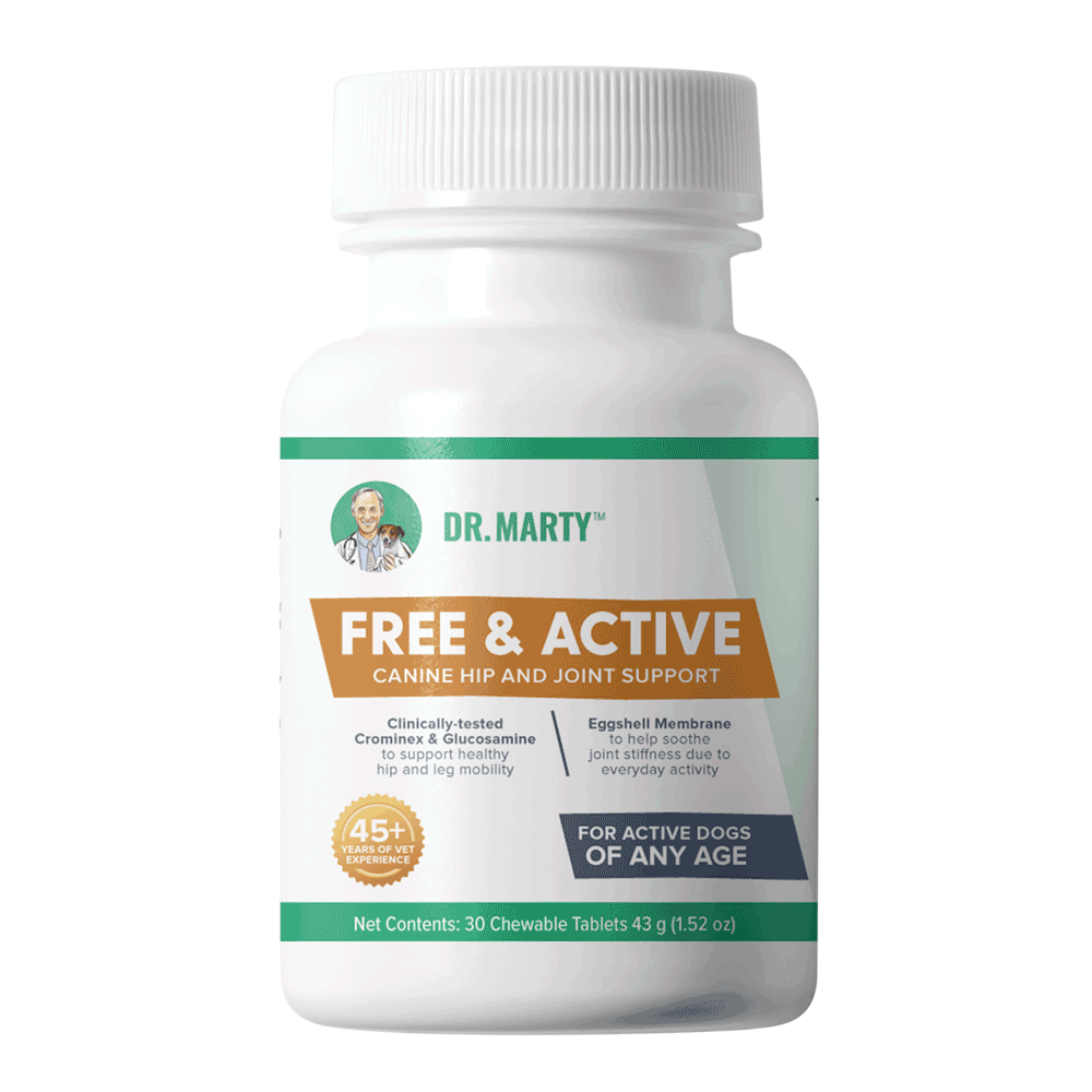 Front Bottle of Dr. Marty Free & Active Hip & Joint Support Chewable Dog Supplement 30 CT