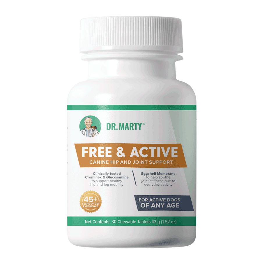 Front Bottle of Dr. Marty Free & Active Hip & Joint Support Chewable Dog Supplement 30 CT