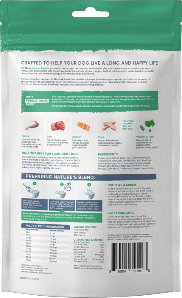 Back pouch of Dr. Marty Nature's Blend Active Vitality Freeze-Dried Senior Dog Food