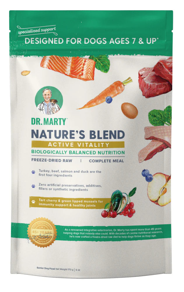 Front pouch of Dr. Marty Nature's Blend Active Vitality Freeze-Dried Senior Dog Food Dog ages 7 & up