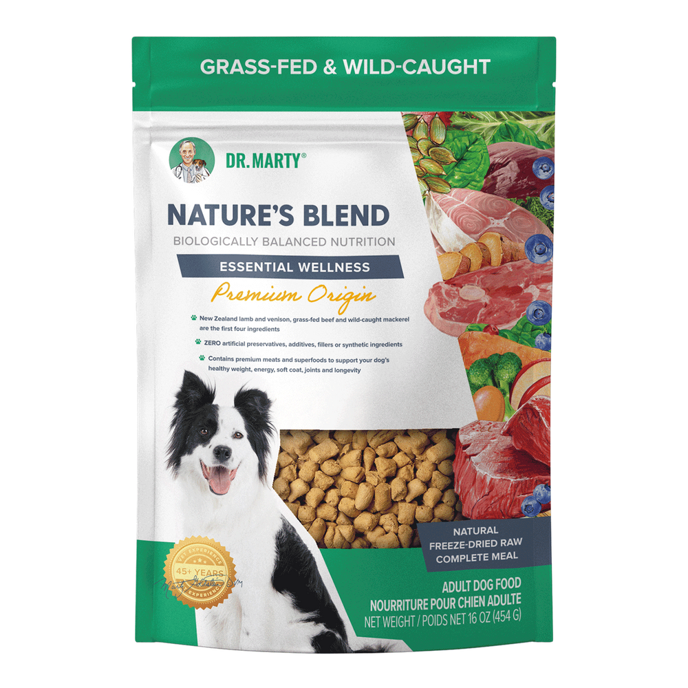 Front pouch of Dr. Marty Nature's Blend Essential Wellness Premium Origin Freeze-Dried Dog Food 16oz