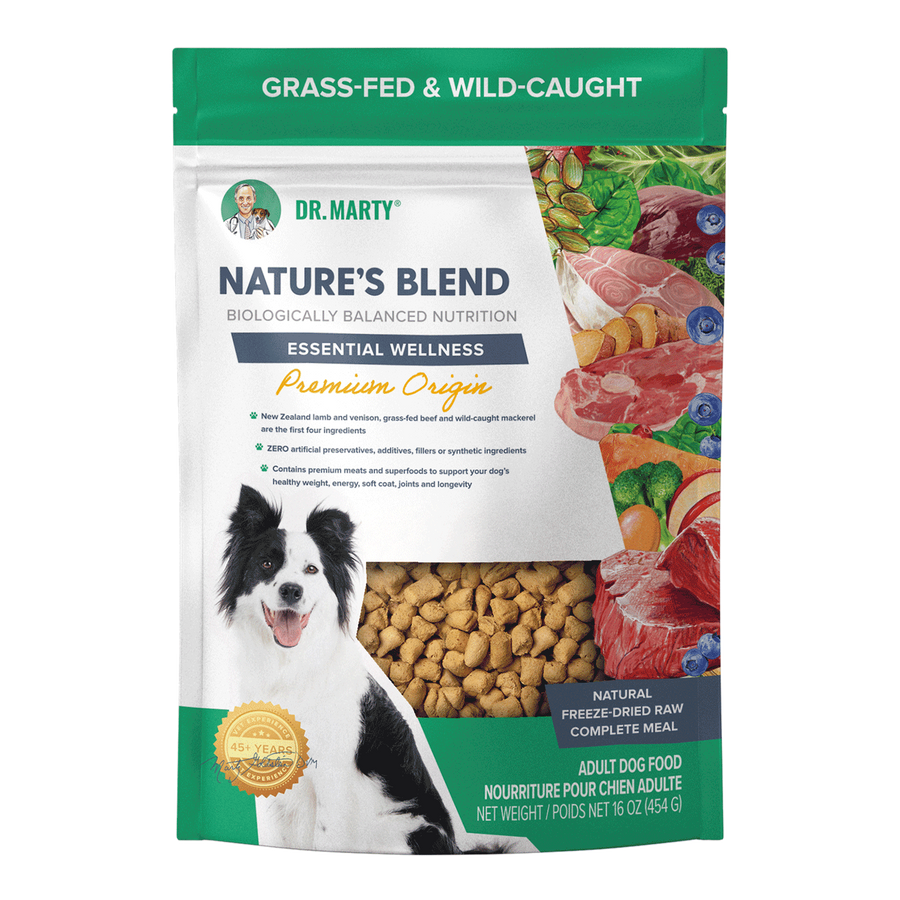 Front pouch of Dr. Marty Nature's Blend Essential Wellness Premium Origin Freeze-Dried Dog Food 16oz