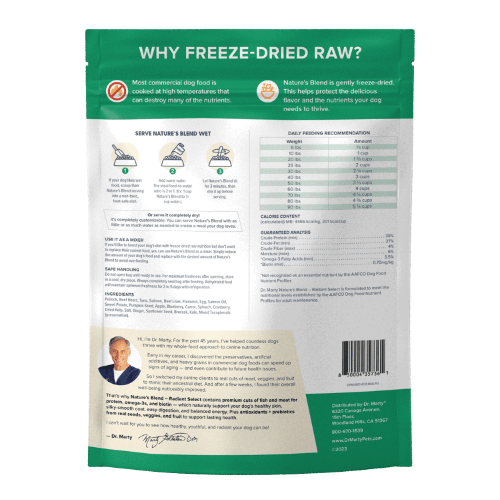 Back pouch of Dr. Marty Nature's Blend Radiant Select Freeze-Dried Dog Food 16oz