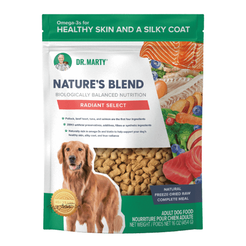Front pouch of Dr. Marty Nature's Blend Radiant Select Freeze-Dried Dog Food 16oz
