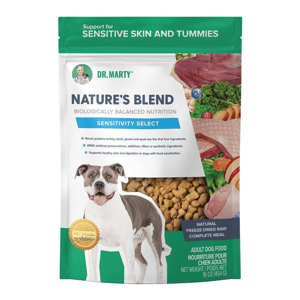 Front pouch of Dr. Marty Nature's Blend Sensitivity Select Freeze-Dried Dog Food 16oz