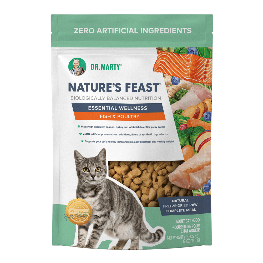 Front pouch of Dr. Marty Nature's Feast Essential Wellness Fish & Poultry Freeze-Dried Cat Food 12oz