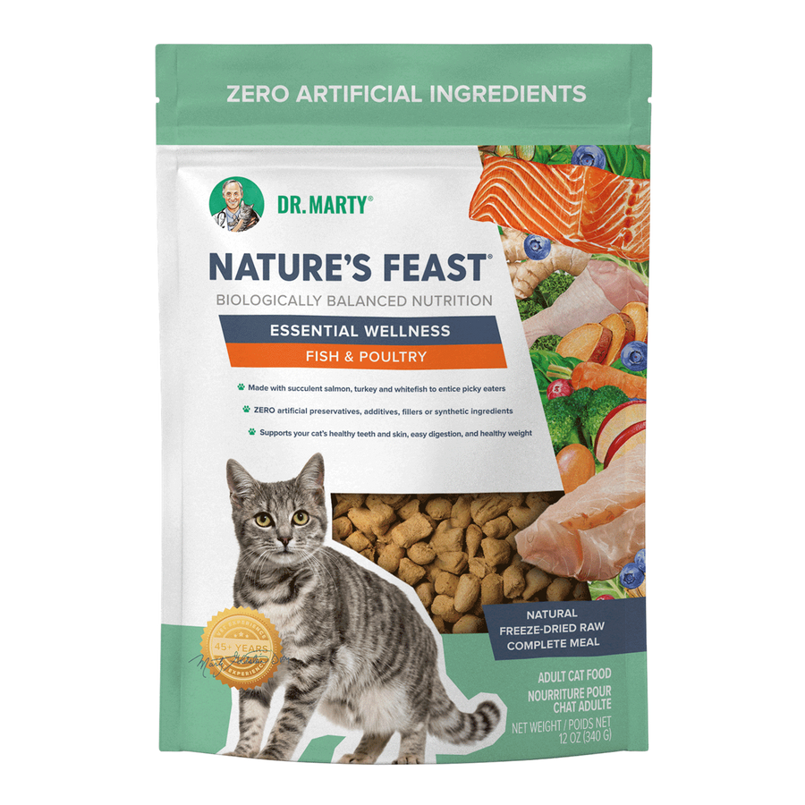 Front pouch of Dr. Marty Nature's Feast Essential Wellness Fish & Poultry Freeze-Dried Cat Food 12oz