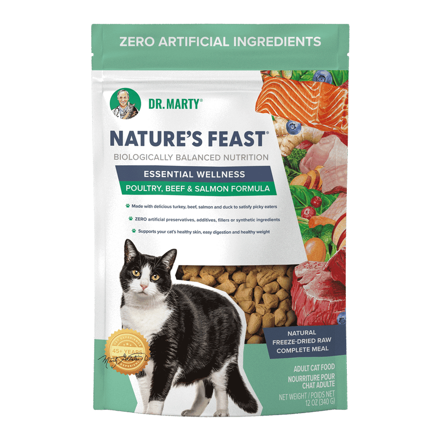 Front Pouch of Dr. Marty Nature's Feast Essential Wellness Poultry, Beef & Salmon Formula Freeze-Dried Cat Food 12oz