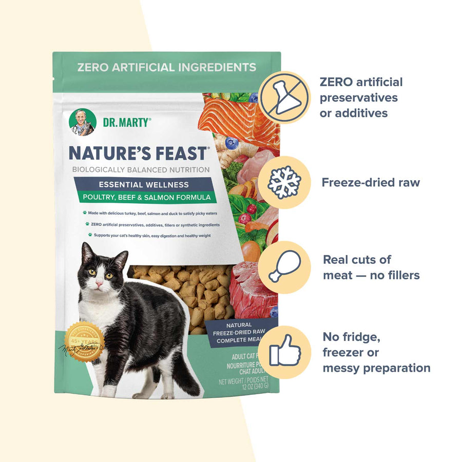 Dr. Marty Nature's Feast Essential Wellness Poultry, Beef & Salmon Formula Freeze-Dried Cat Food has zero artificial preservatives, real cuts of meat-no fillers, no messy prep