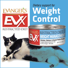 Front can of Evanger's EVX Restricted Diet: Weight Management Chicken, Salmon & Sweet Potato Canned Cat Food