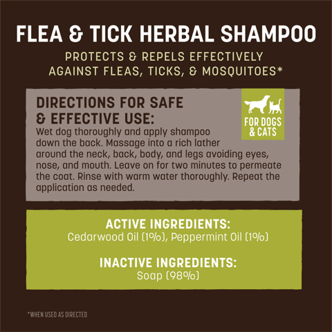 Flea & tick Herbal Shampoo. Active ingredients Cedarwood oil 1% peppermint oil 1%. Inactive ingredients Soap 98%