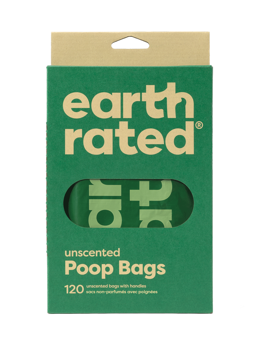 Earth rated unscented poop bags with handle. Front pf package.