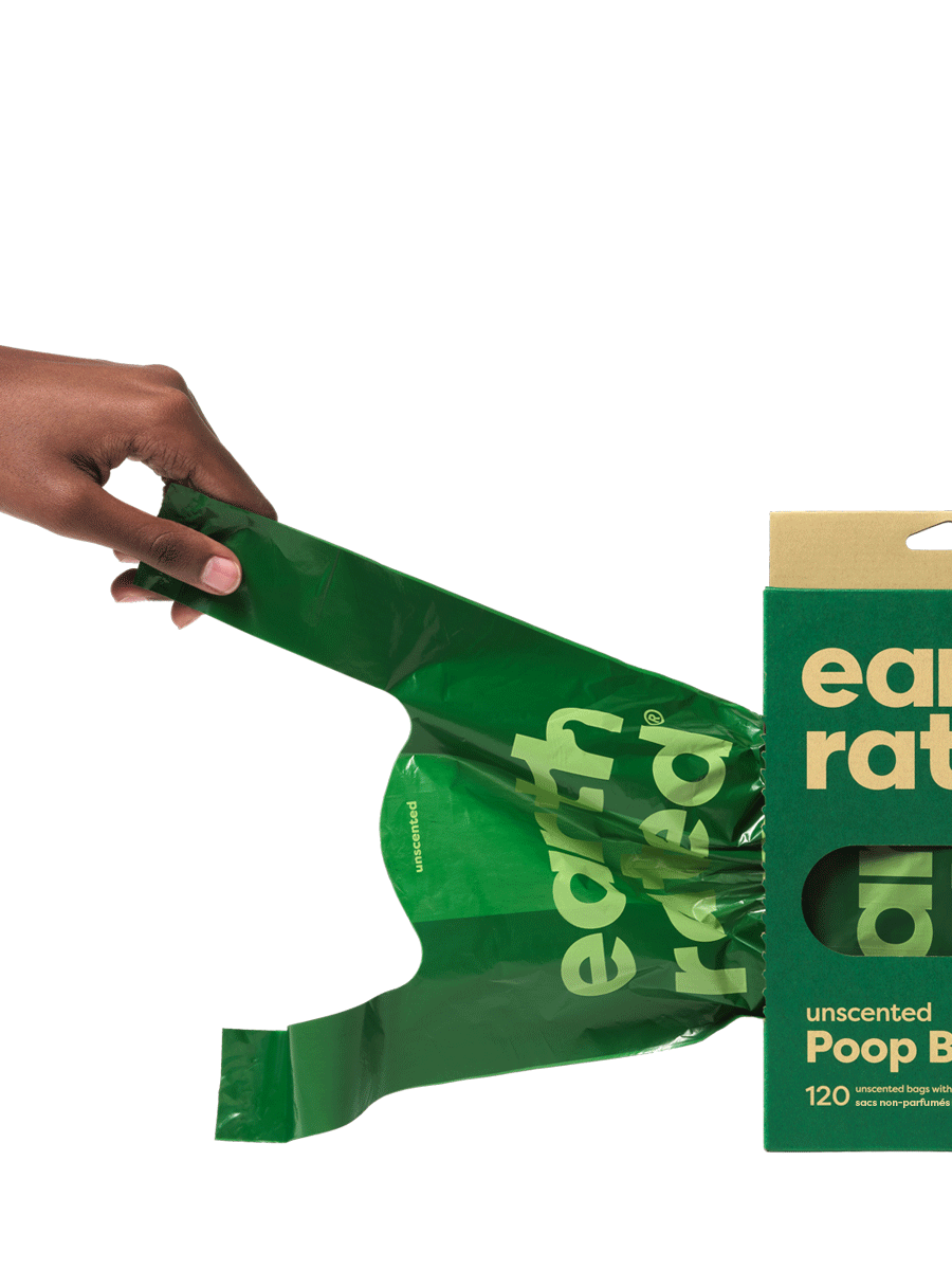 Earth Rated Poop bag with handle product image being pulled out the side of the box.