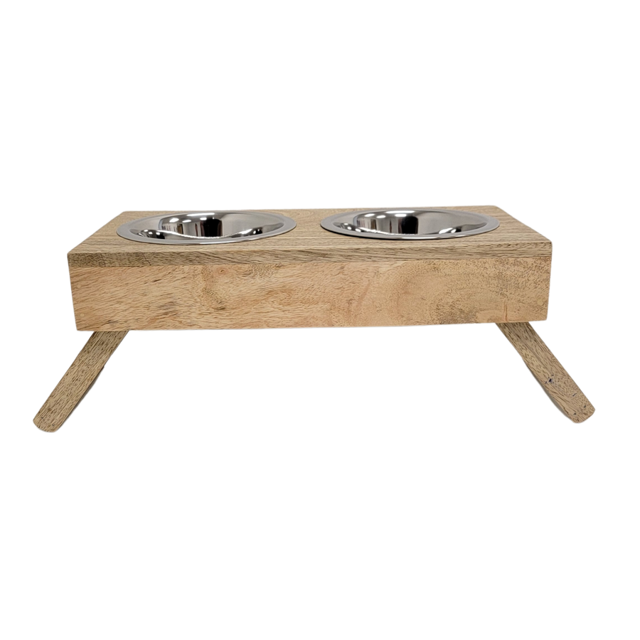 Full Side View of Eco-Friendly Elevated Dog Wood Feeder in Natural Wood Finish