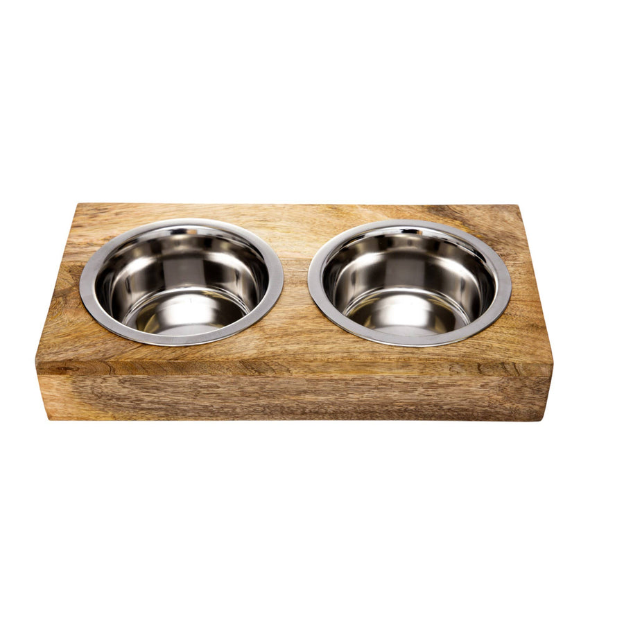 Side View of Eco-Friendly Elevated Dog Wood Feeder in Natural Wood Finish
