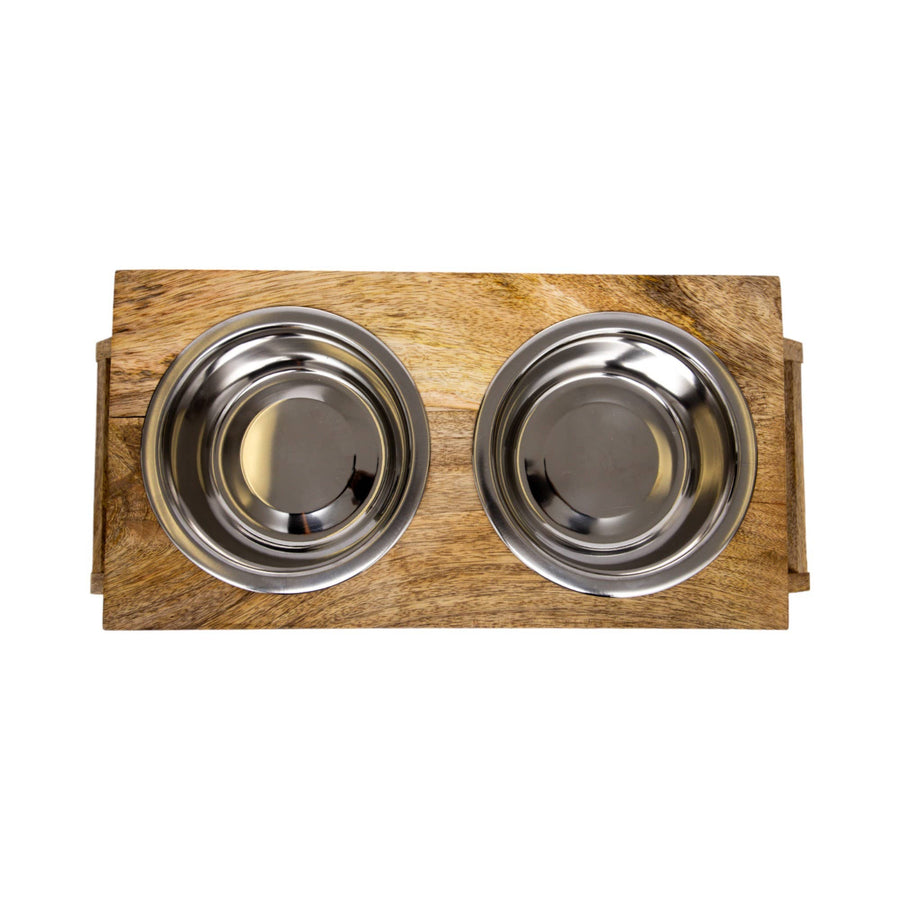 Top View of Eco-Friendly Elevated Dog Wood Feeder in Natural Wood Finish