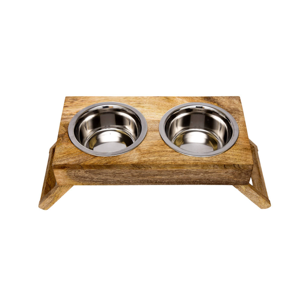 TopSide View of Eco-Friendly Elevated Dog Wood Feeder in Natural Wood Finish