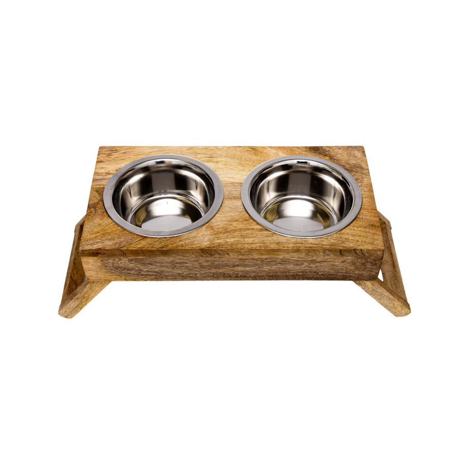 TopSide View of Eco-Friendly Elevated Dog Wood Feeder in Natural Wood Finish