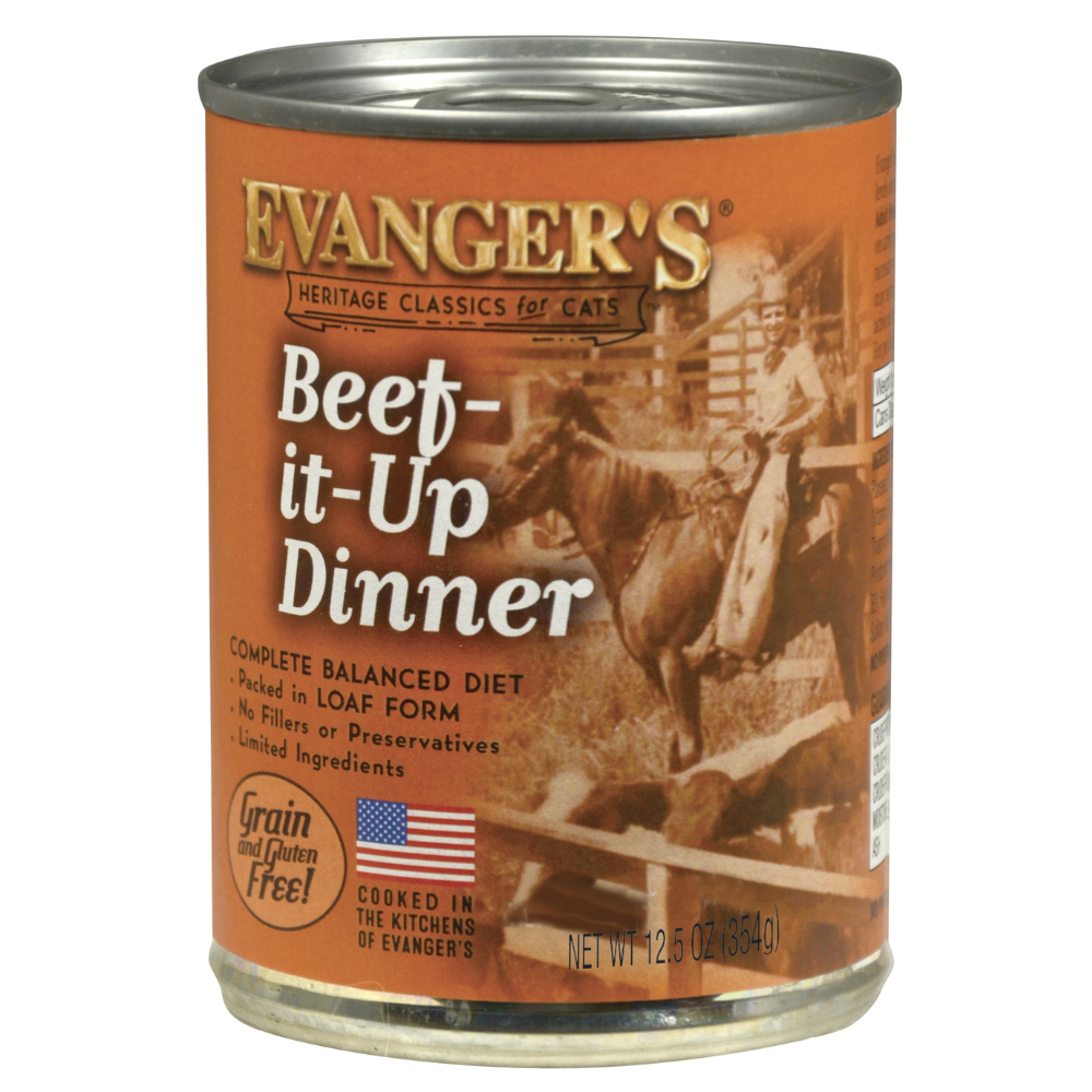 Front can of Evanger's Beef It Up Beef Canned Cat Food 12.5oz