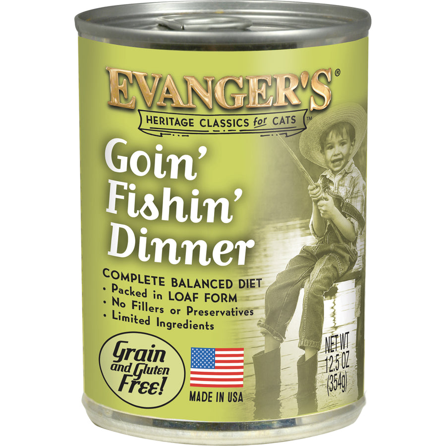 Front can of Evanger's Classic Recipe Grain Free Goin FIshin Dinner Canned Cat Food 12.5oz