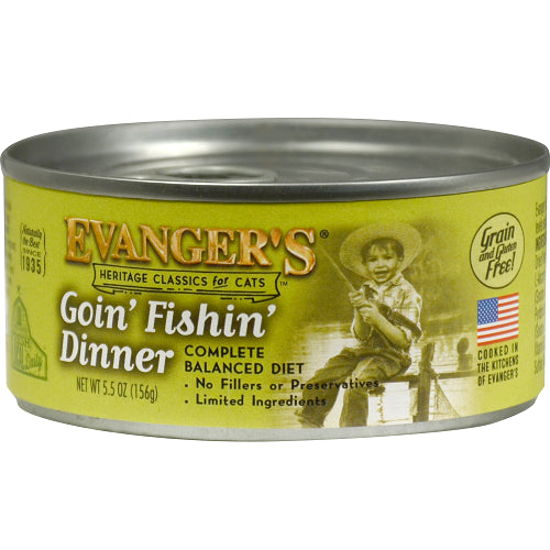 Front can of Evanger's Classic Recipe Grain Free Goin FIshin Dinner Canned Cat Food 5.5oz
