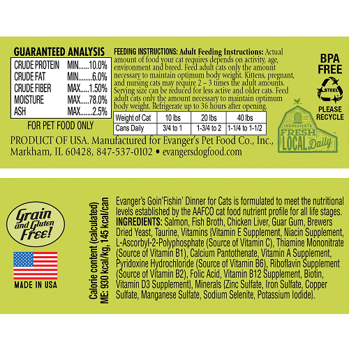 Ingredients, Feeding Reccom analysis and caloric content of Evanger's Classic Recipe Grain Free Goin FIshin Dinner Canned Cat Food
