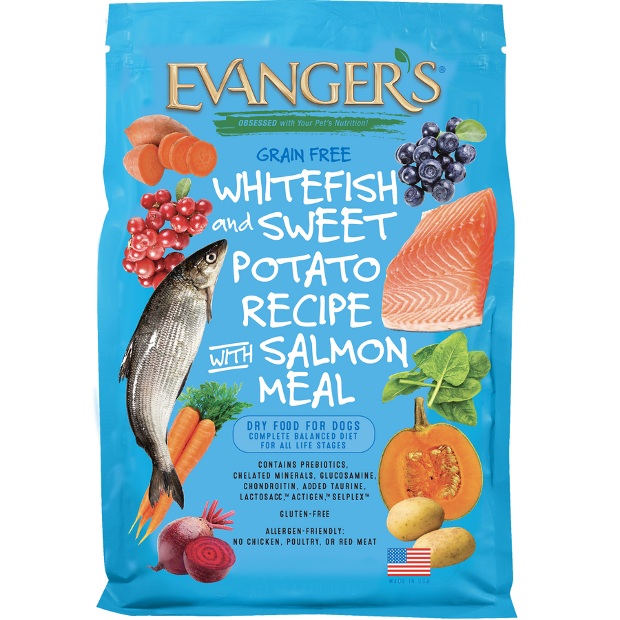 Front bag of Evanger's Grain Free Super Premium Whitefish and Sweet Potato Dry Dog Food