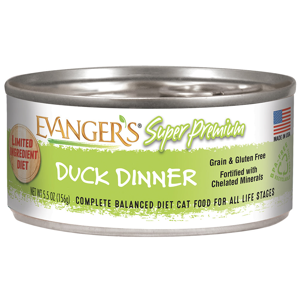 Front can of Evanger's Super Premium Duck Dinner Canned Cat Food 5.5oz