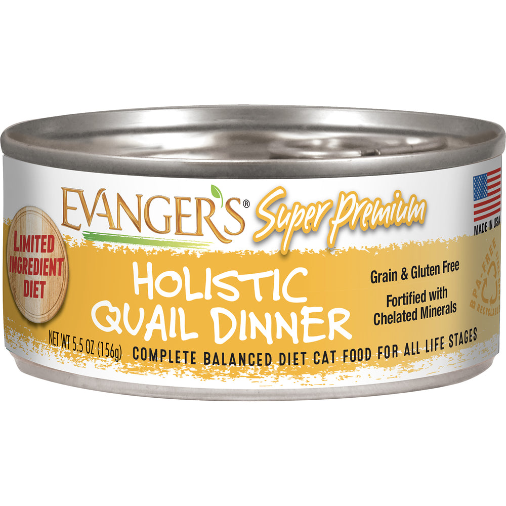 Front can of Evangers Super Premium Holistic Quail Dinner Canned Cat Food 5.5oz