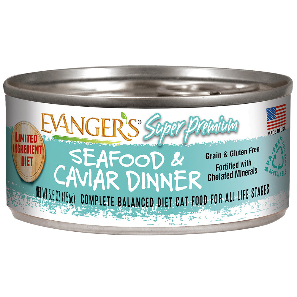 Front can of Evangers Super Premium Seafood and Caviar Dinner Canned Cat Food 5.5oz