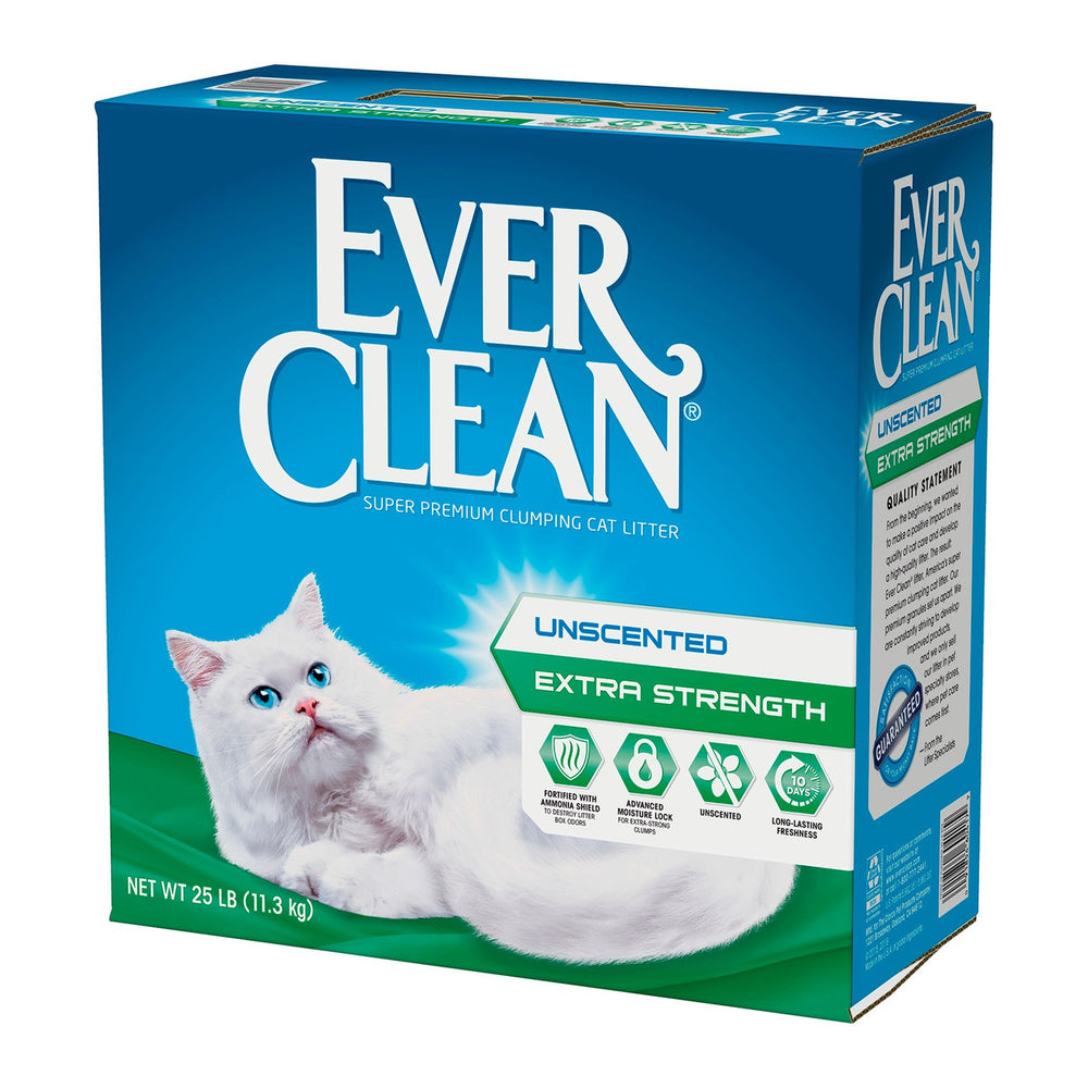 Front and right side panel of product box. Super premium clumping cat litter. Net weight: 25 pounds. Ever Clean Extra Strength Unscented.