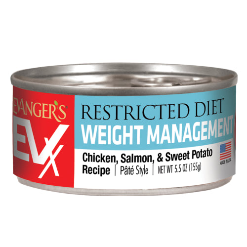 Front can of Evanger's EVX Restricted Diet: Weight Management Chicken, Salmon & Sweet Potato Canned Cat Food 5.5oz