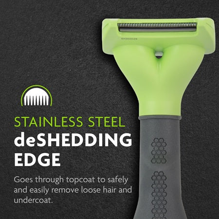 FURminator Deshedding Dog Tool Green has a stainless steel deshedding edge that  goes through topcoat to safely & easily  remove loose hair and undercoat