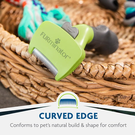 FURminator Deshedding Tool Green has a curved edge that conforms to pet's natural build & shape for comfort