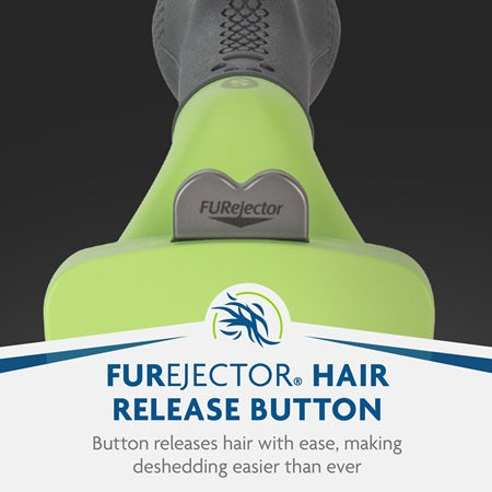 FURminator Deshedding Dog Tool Green has a furejector hair release button releases hair with ease, making deshedding easier than ever