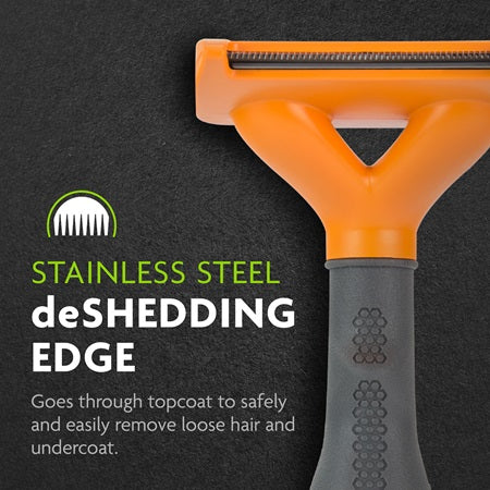 FURminator Deshedding Short Hair Dog Tool Yellow has a stainless steel deshedding edge that goes through topcoat to safel & easily  remove loose hair and undercoat