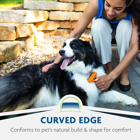 FURminator Deshedding Short Hair Dog Tool Yellow has a curved edge that conforms to pet's natural build & shape for comfort