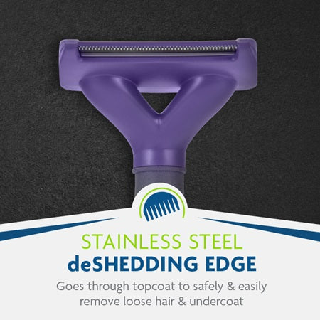 Deshedding edge feature goes through topcoat to safel & easily  remove loose hair and undercoat
