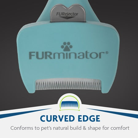 FURminator Undercoat Deshedding Long Hair Cat Tool has a curved edge that conforms to pet's natural build & shape for comfort