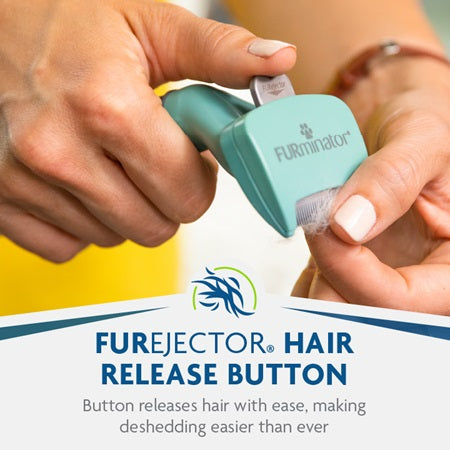 FURminator Undercoat Deshedding Long Hair Cat Tool Teal has a furejector hair release button releases hair with ease, making deshedding easier than ever