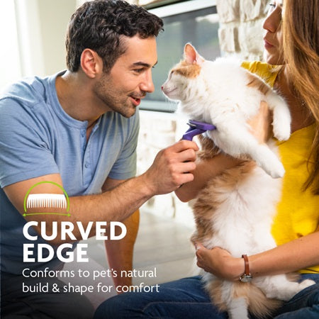 FURminator Undercoat Deshedding Short Hair Cat Tool has a curved edge conforms to pet's natural build & shape