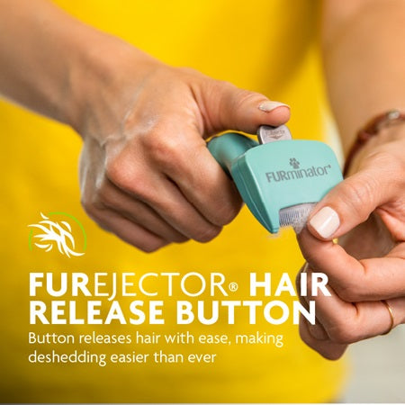 FURminator Undercoat Deshedding Short Hair Cat Tool has a furejector hair release button releases hair with ease, making deshedding easier than ever
