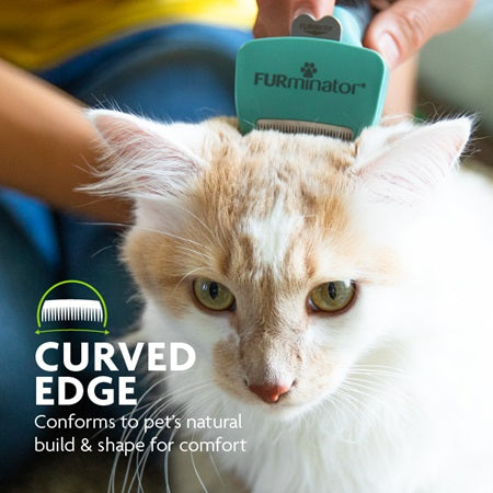 FURminator Undercoat Deshedding Short Hair Cat Tool Teal has a curved edge that conforms to pet's natural build & shape for comfort