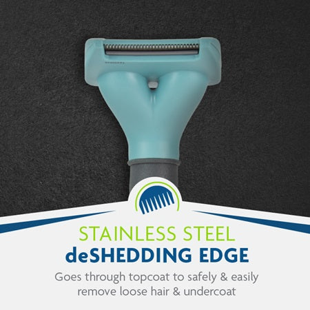FURminator Undercoat Deshedding Short Hair Cat Tool Teal has a stainless steel deshedding edge that  goes through topcoat to safely & easily  remove loose hair and undercoat