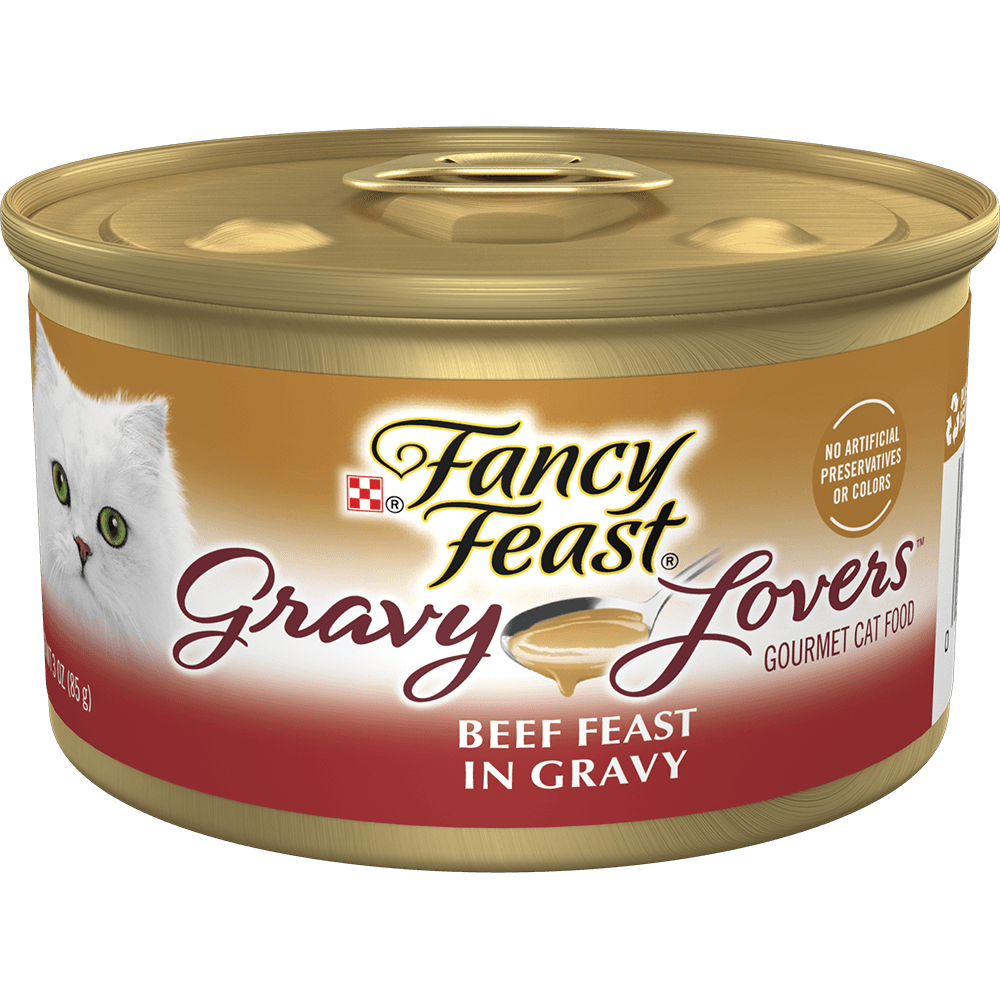 Front can ofFancy Feast Gravy Lovers Beef Feast in Roasted Beef Flavor Gravy Canned Cat Food 3oz