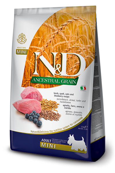 Front of bag of Farmina Natural & Delicious Ancestral Grain Lamb & Blueberry Mini Adult Dry Dog Food